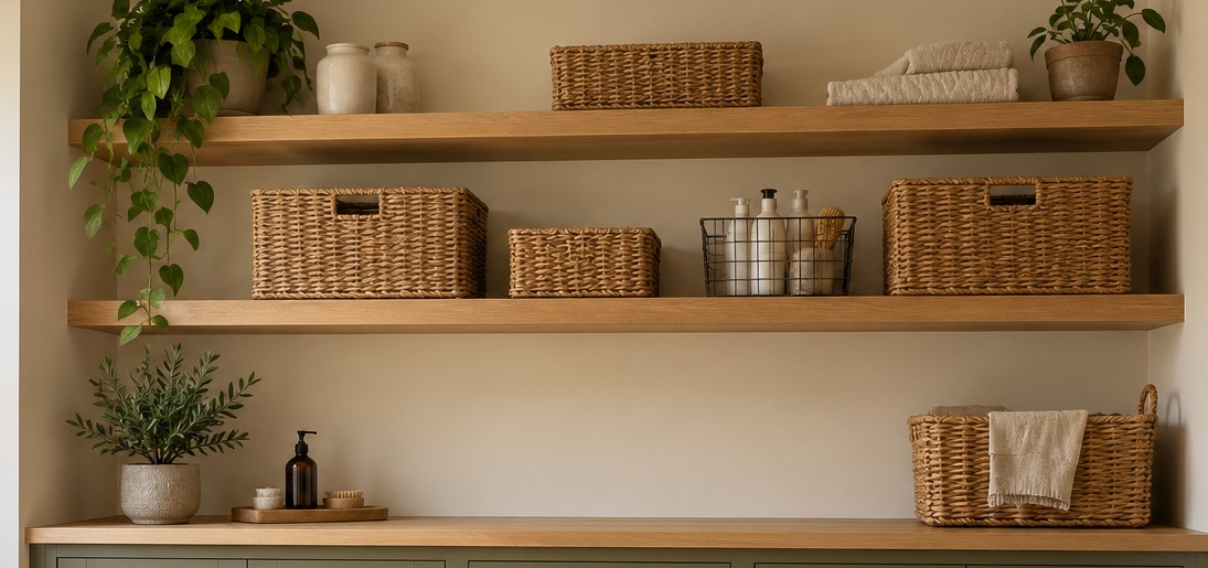 Illustrative natural oak wall shelving with baskets